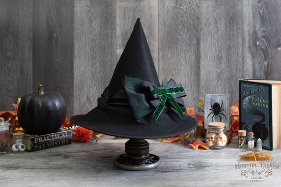 Hazel Black Felt Witch Hat: Short Cone, Wired Brim & Ribbon Bow