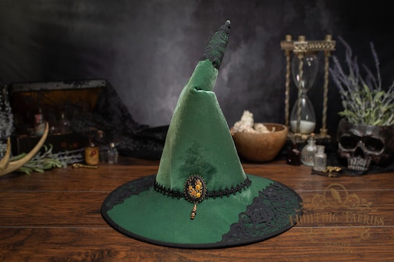 Ivy the Green Velvet and Lace Witch Hat with Hand Embroidered Floral Pin