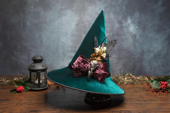 Sparrow~ Yule Witch Hat in Evergreen Velvet: With Feathers and Crow Skull
