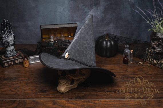 Adeline~Grey Snakeskin Cosplay Witch Hat, Bat Skull Pin, Ren Faire, Evil Dark Arts, Halloween Costume