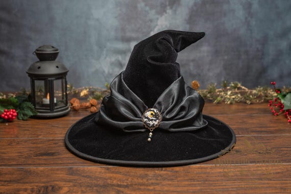 Sparrow~ Yule Crooked Witch Hat in Black Velvet: With Celestial Brooch