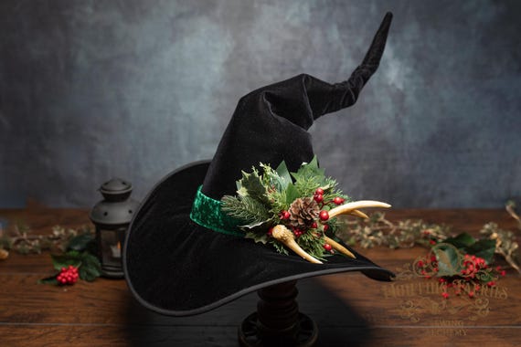 Wren Black Velvet Yule Witch Hat: Faux Deer Antler and Seasonal Greens Decoration