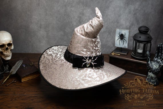 Witch Hat ~Starlight~ Silver, Crooked, with Beaded Spider