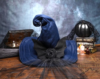 Tish~ Side Crooked Navy Felt Witch Hat: Large Brim, With Bat Bow and Rose Decoration