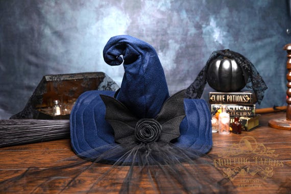 Tish~ Side Crooked Navy Felt Witch Hat: Large Brim, With Bat Bow and Rose Decoration