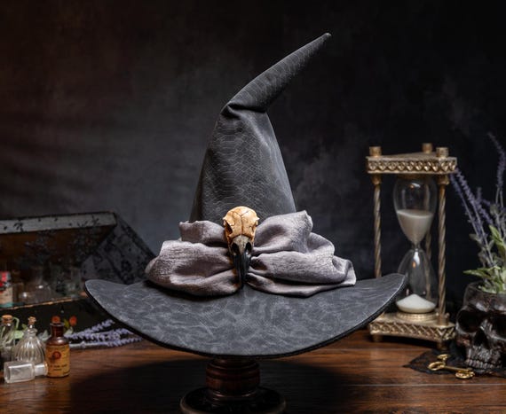 Experience~ Faux Leather Snake Skin Bad A** Witch Hat, Crow decoration, crooked witch hat, wizard hat, large brim witch hat, Ren faire hat