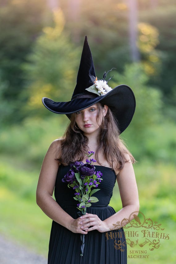 Starling Black Velvet Witch Hat: Sunflower Accent, Extra Large Brim