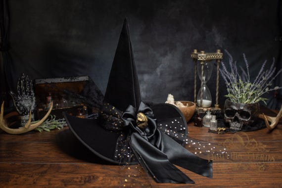 Kitty the Black Velveteen Witch Hat with Cat Skull