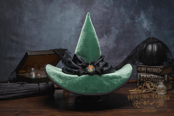 Adeline~ Green Witch Hat: Black Scarf with Hand Embroidered Mushroom Brooch