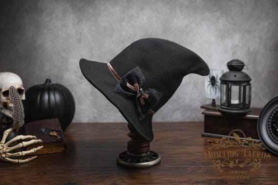 Ophelia Vintage Style Black Felt Witch Hat: Coffee Velvet Ribbon with Bow & Bird Skull Pin, Dark Academia