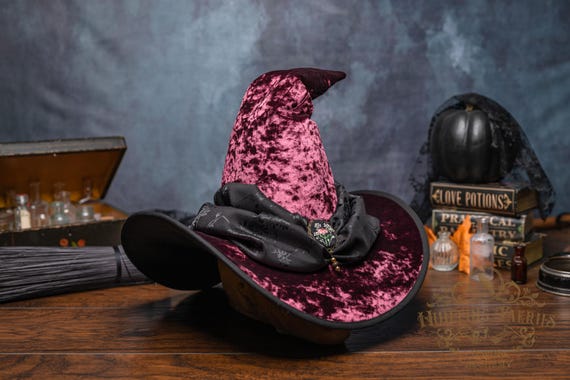Ready to Ship Hester~ Fig Witch Hat: Crooked Cone with Silk Scarf, Hand Embroidered Brooch~Echinacea