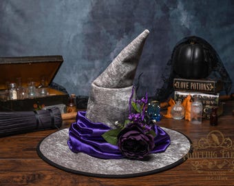 Ready to Ship~ Sparrow~ Grey Crooked Witch Hat: Purple Satin Scarf Band, Purple Flower Decorations