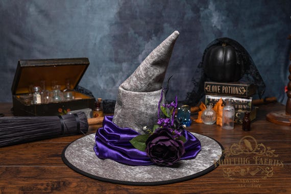 Ready to Ship~ Sparrow~ Grey Crooked Witch Hat: Purple Satin Scarf Band, Purple Flower Decorations