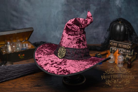 Ready to Ship Hester~ Fig Witch Hat: Crooked Cone with Lace Band and Gold Toned Art Nouveau Pin