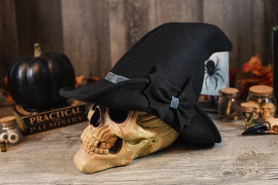 Ophelia~ Vintage Witch Hat Black Felt, Slate velvet ribbon, cloche witch hat, dark academia/cottage core