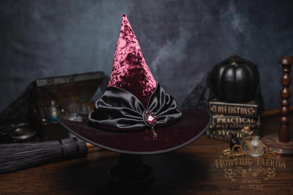 Adeline~Merlot Witch Hat: Satin Scarf and Hand Embroidered Moth Cameo