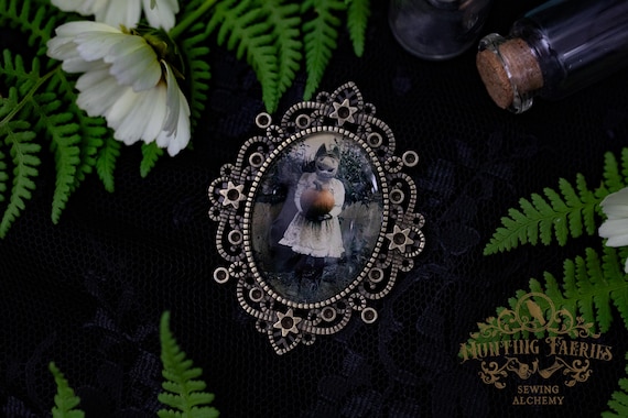 Creepy Victorian Child in Mask Pendant Brooch, Witch Hat Accessory, Halloween Accessory, Spooky Vibe Pin