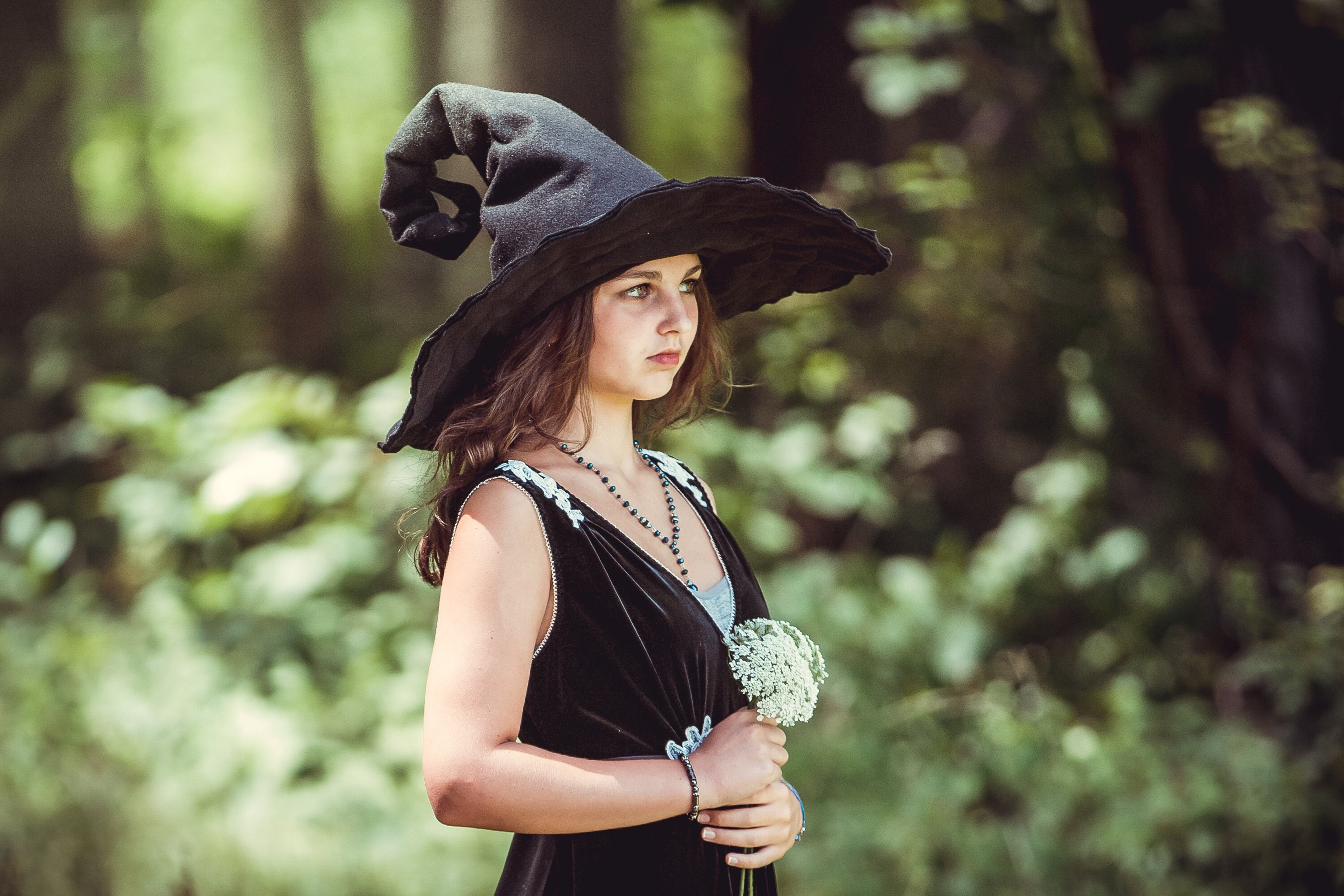 Estella the Curl Back Witch Hat in Black Felt, crooked witch hat, sorceress hat, hedge witch hat
