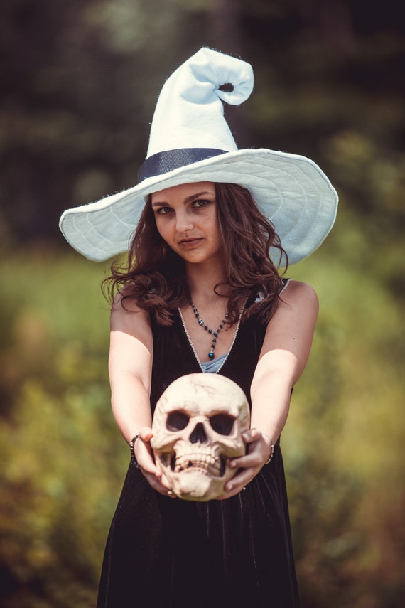 Gretta the White  Witch Hat with Ribbon