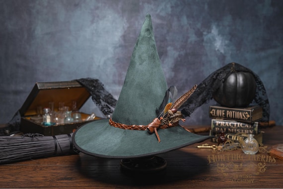 Solstice~ Green Witch Hat: Faux Suede, Leather Braided Band with Feather Adornment