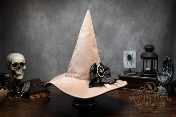 Witch Hat ~Rosaura~ Slouchy, Blush with Gold Accents and Bead Spider Bow