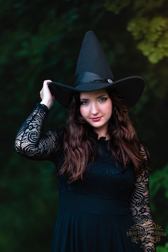 Áine Welsh Witch Hat: Black Felt Sugarloaf hat with Button Decoration, Celtic Witch Hat, rounded cone