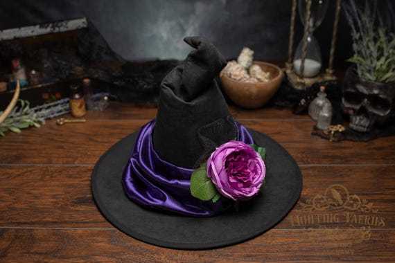 Arabella the Black Faux Suede Witch Hat with Pink Peony