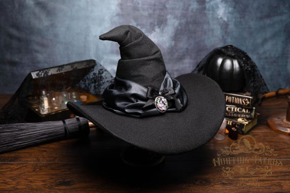 Wren~ Crooked Wicked Witch Hat with Scarf and Hand Embroidered Brooch: Extra Large Brim, Ren Faire/Halloween Costume