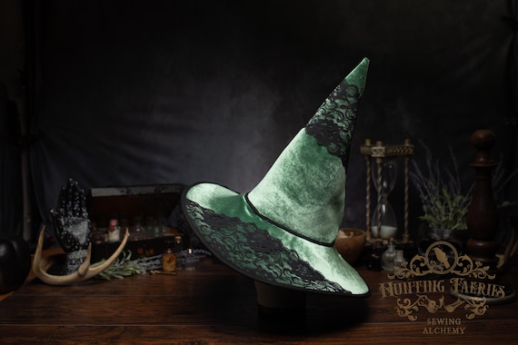Jade Green Velvet and Black Lace Witch Hat