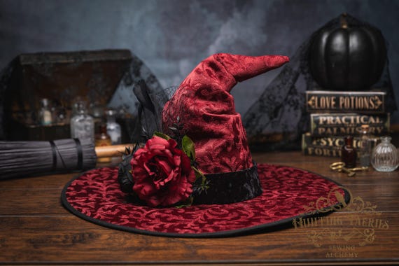 Starling~ Burgundy Crooked Witch Hat: Enchanting, Floral Adorned