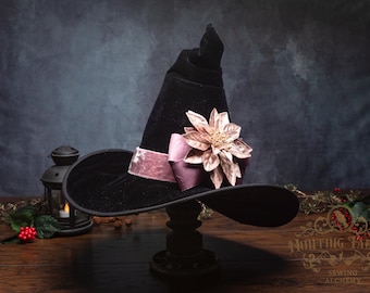 Hester~ Witch Hat in Black Velvet with Crooked Cone with Pink Bow & Large Flower
