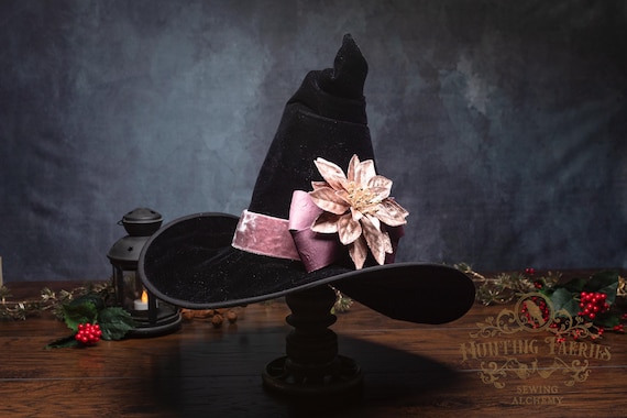 Hester~ Yule Witch Hat in Black Velvet with Crooked Cone with Pink Bow & Poinsettia