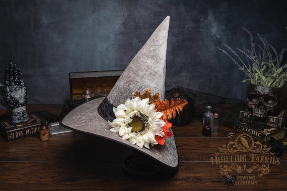 Hester~ Soft Grey Witch Hat: Sunflower Decoration, Ren Faire Costume