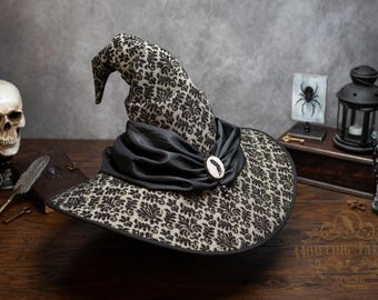 Witch Hat ~Fleur~ Back Crooked, Wide Brim, Hand Embroidered Brooch
