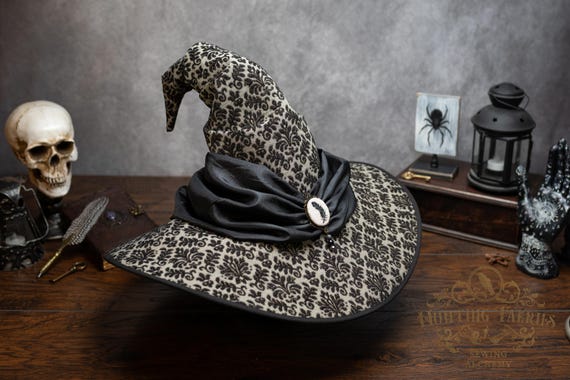 Witch Hat ~Fleur~ Back Crooked, Wide Brim, Hand Embroidered Brooch