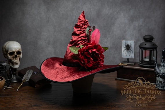 Witch Hat ~Ruby~ Red, Slouched, Floral & Feather Embellishment, Wide Brim