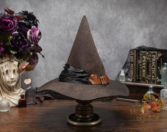 Sombrero de bruja de tweed marrón oscuro con hebilla lateral de cuero ~ Dark Academia