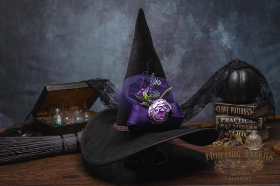Hester~ Black Velvet Witch Hat: Purple Bow and Purple Flowers with Creeping Spider