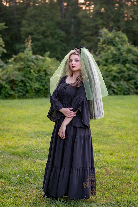 Bride of Frankenstein Veil: Green Tulle, Black & White Stripes, Bow Pin
