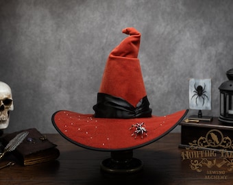Witch Hat ~Weaver~ Orange with Sewn Spider Web and Beaded Spider