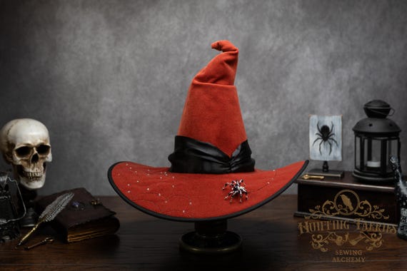Witch Hat ~Weaver~ Orange with Sewn Spider Web and Beaded Spider