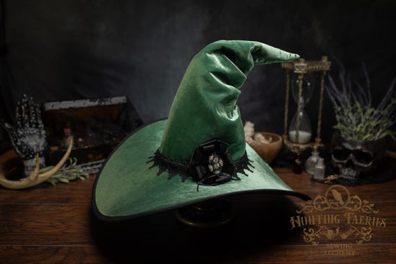 Briar the Green Back Crooked Witch Hat with Extra Large Brim and Hand Embroidered Pin