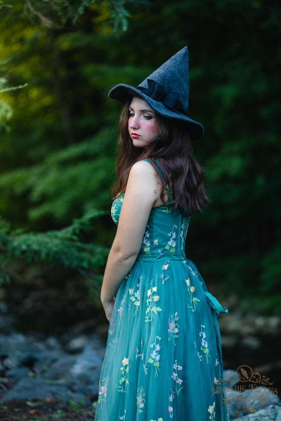 Hagatha the Short Charcoal Witch Hat, Black Velvet Ribbon and Bow, petite witch hat, dark academia witch hat, ren faire, cottage core hat