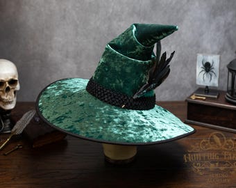 Witch Hat ~Esme~ Green, Crooked, with Crystal & Feathers