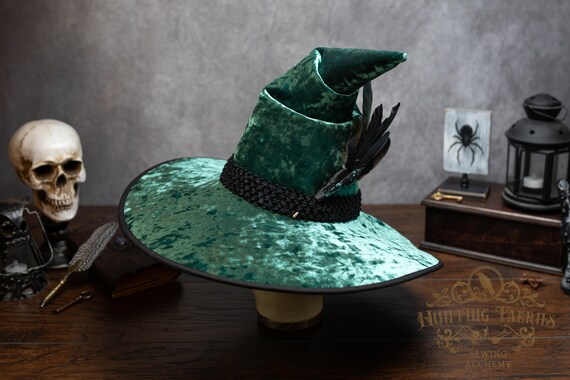 Witch Hat ~Esme~ Green, Crooked, with Crystal & Feathers