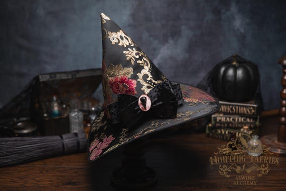 Adeline~Floral Brocade Witch Hat: Crushed Velvet bow with Bat Skull