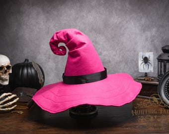 Pinktastic Hot Pink Felt Witch Hat and Ribbon: Large Brim, Curl Back Crook