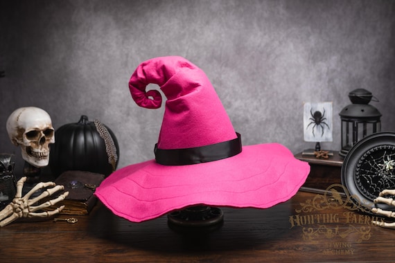 Pinktastic Hot Pink Felt Witch Hat and Ribbon: Large Brim, Curl Back Crook