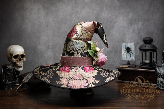 Witch Hat ~Rugosa~ Crooked, Pink and Gold Floral Brocade with Floral accent