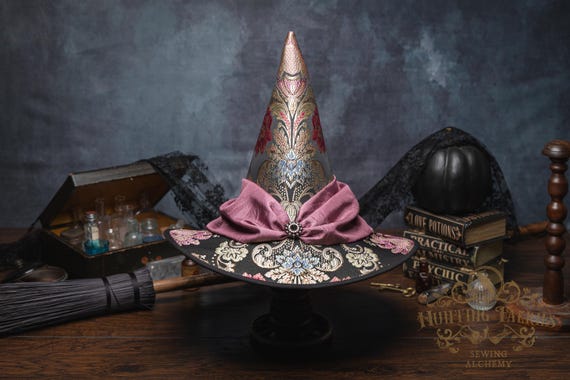 Sparrow~ Floral Brocade Witch Hat: Pointy Cone with Dusty Pink Scarf and Rhinestone Detail
